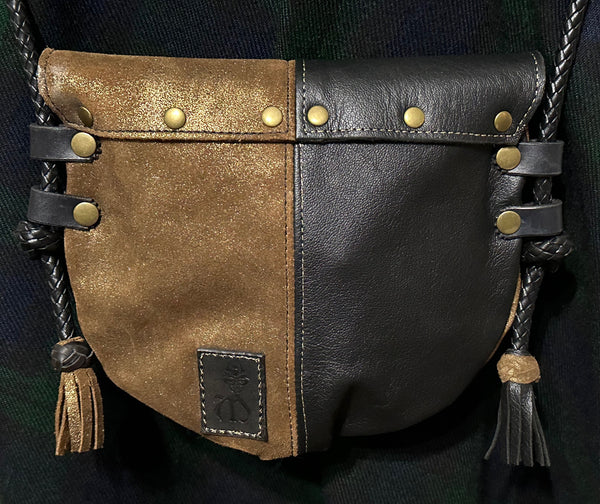 Black & Gold Harlequin Purse Event/Walking Leather Crossbody Bag, Medium