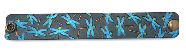 Blue Dragon Fly Flock Hand Painted Black Leather Wrist Band/Cuff