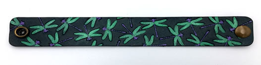 Green Dragon Fly Flock Hand Painted Black Leather Wrist Band/Cuff