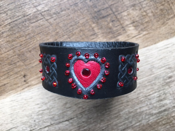 Celtic Black & Red Heart Leather Wrist Band/Cuff #3, with Beads