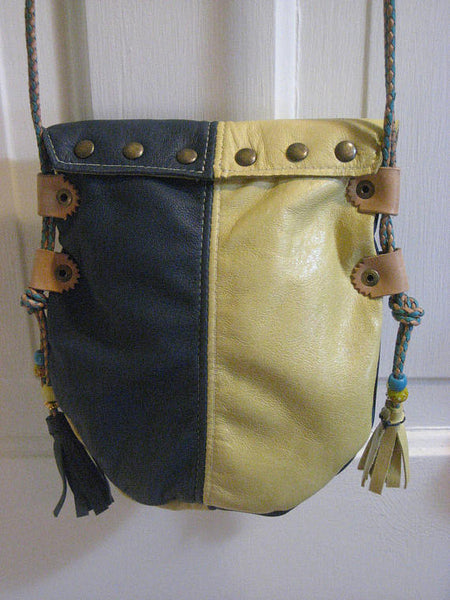 Handmade Turquoise & Yellow Harlequin Event/Walking Leather Crossbody Bag with beading