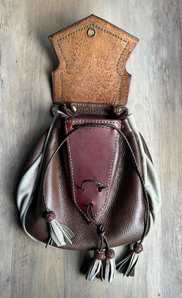 18th Century Style Sporran with Cut work Celtic Knot Pattern. Lovet Green & Brown