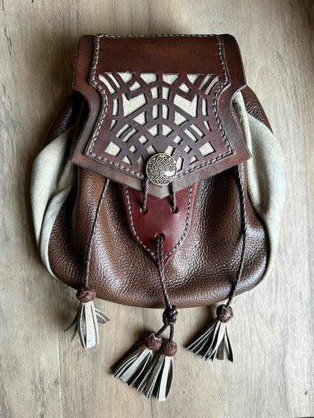 18th Century Style Sporran with Cut work Celtic Knot Pattern. Lovet Green & Brown