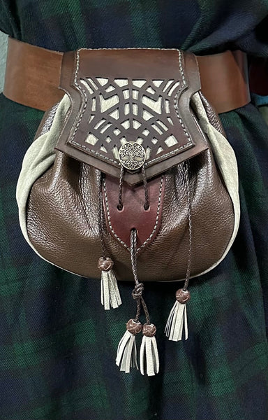18th Century Style Sporran with Cut work Celtic Knot Pattern. Lovet Green & Brown
