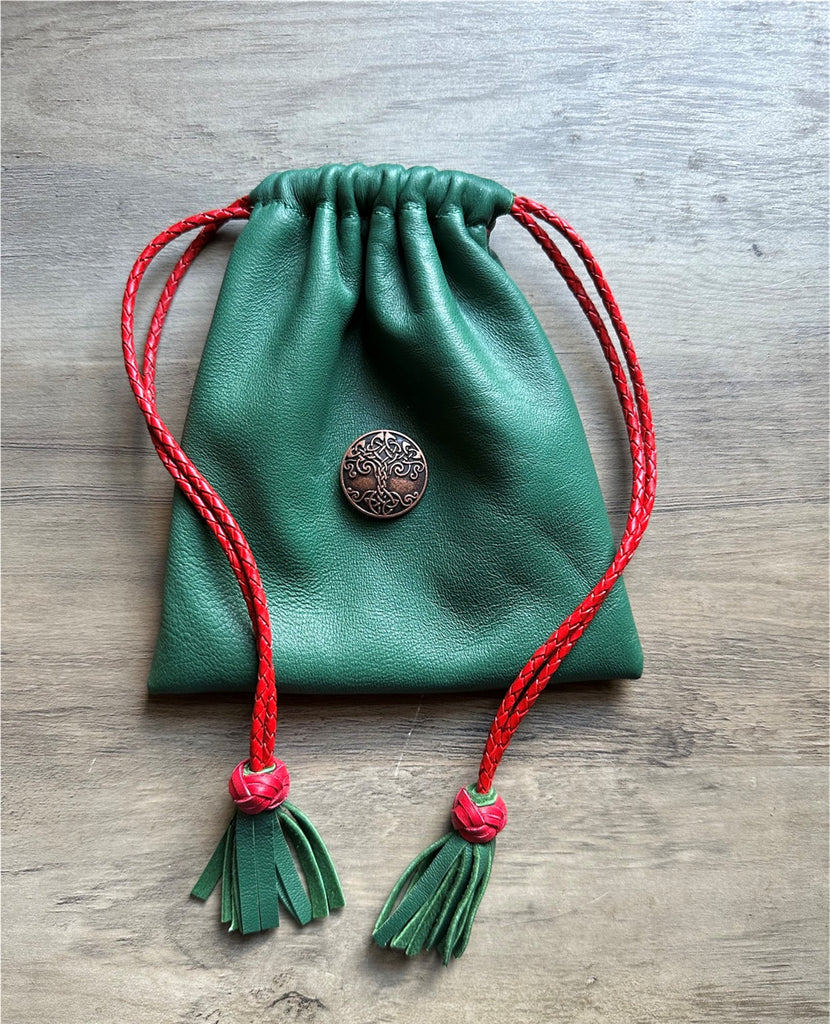 Dice Bag, Forest Green  w/Red Drawstrings