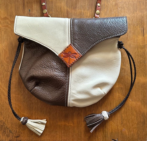 Brown &  Bone White Harlequin Event/Walking Leather Crossbody Purse, Medium