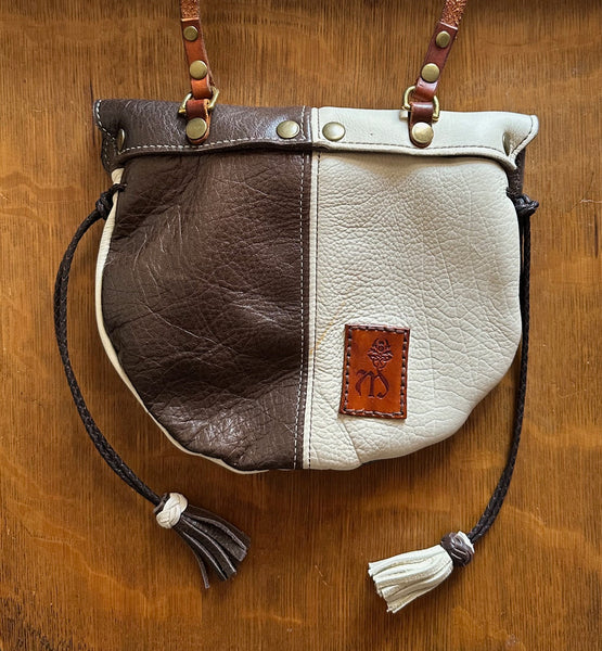 Brown &  Bone White Harlequin Event/Walking Leather Crossbody Purse, Medium