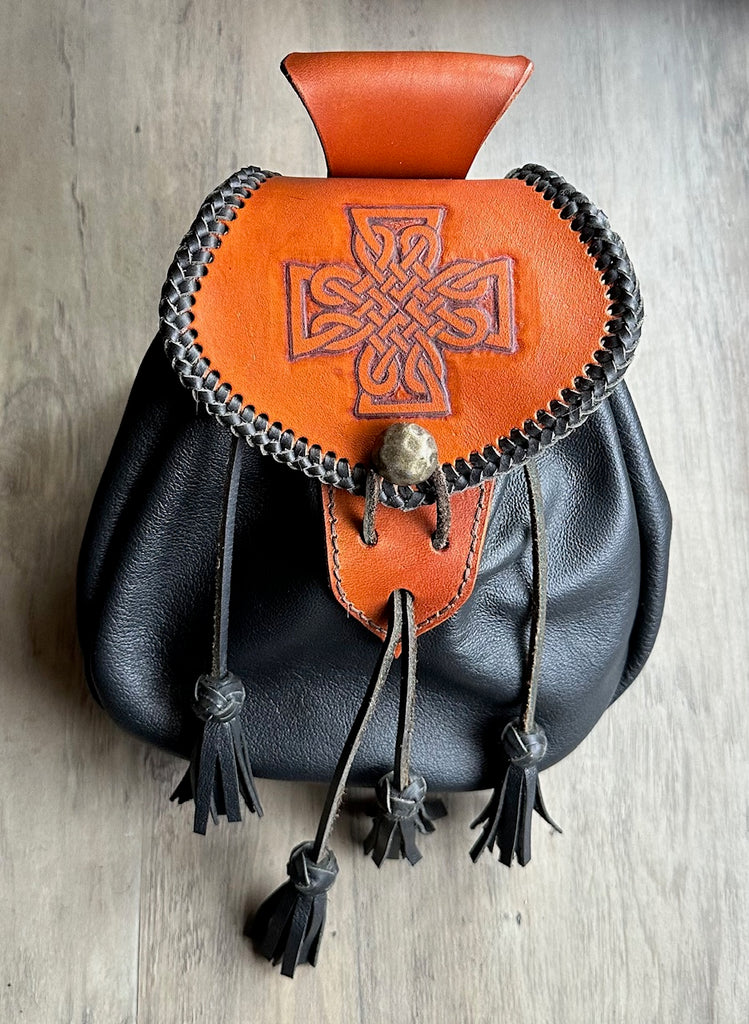 celtic leather backpack Sporran, Brown 18th Century Style, with Celtic Cross – Moncrieff Leathers