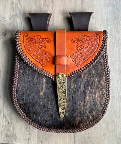 Viking/Dwarven Belt Pouch, Sporran, Huginn & Muginn with Tooled Flap