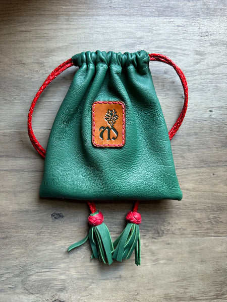 Dice Bag, Forest Green  w/Red Drawstrings
