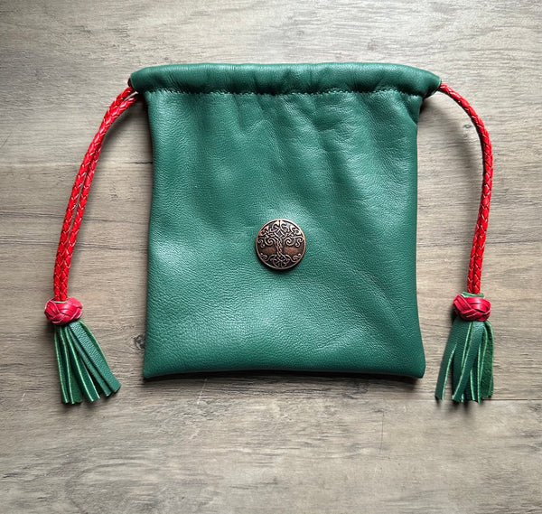 Dice Bag, Forest Green  w/Red Drawstrings
