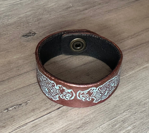 Celtic Tan/Antique Brown/Aged Copper Viking Dragon Leather Wrist Band/Cuff