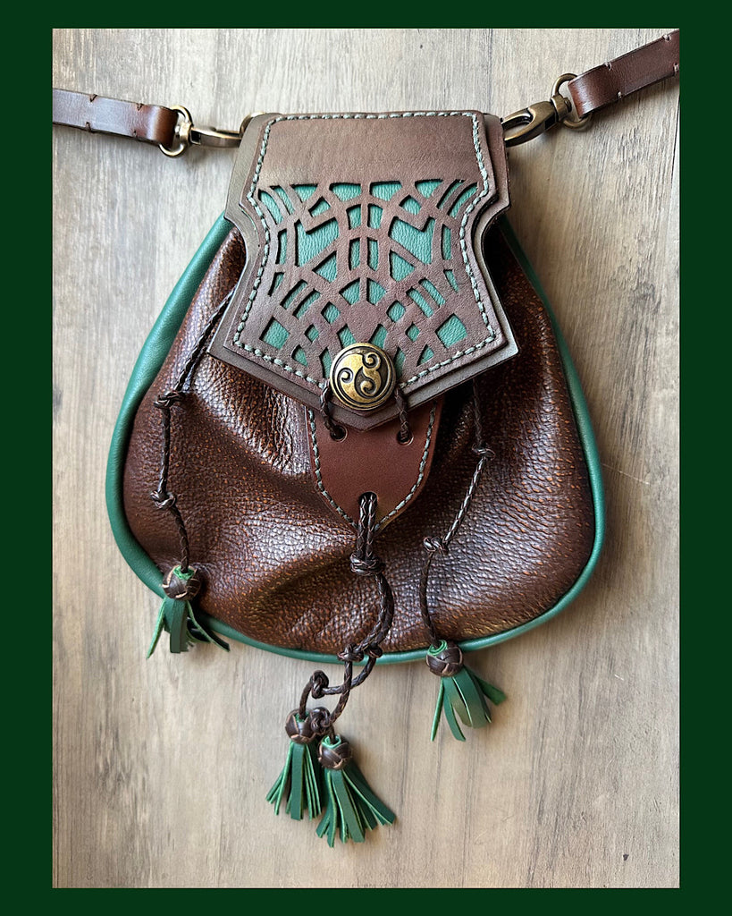 Sporran, Rob Roy Style, with Cut work Celtic Knot Pattern. Brown & Lovat Green
