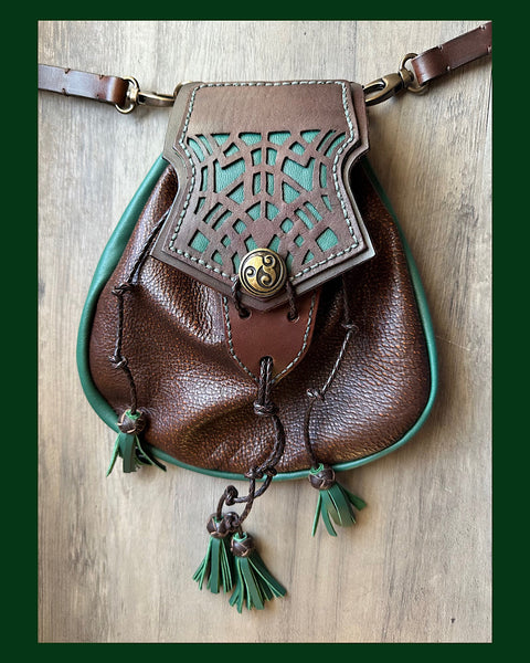Sporran, Rob Roy Style, with Cut work Celtic Knot Pattern. Brown & Lovat Green
