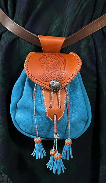 Sporran Purse, Turqousie, 18th Century Style, with tooled Kelpie flap