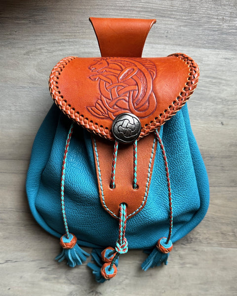 Sporran Purse, Turqousie, 18th Century Style, with tooled Kelpie flap