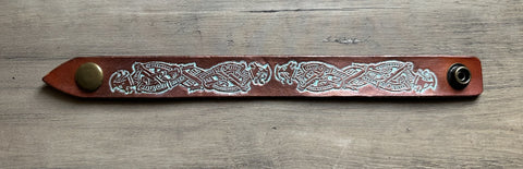 Celtic Tan/Antique Brown/Aged Copper Viking Dragon Leather Wrist Band/Cuff