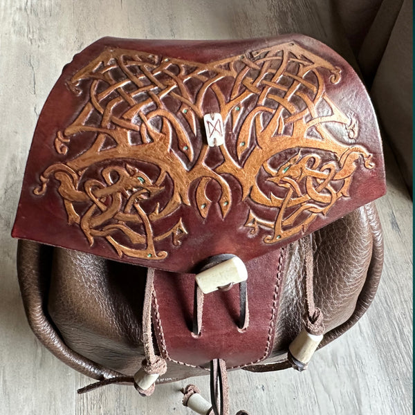 Sporran/Belt Bag, Twin Viking "Dreki", Hand Tooled Flap