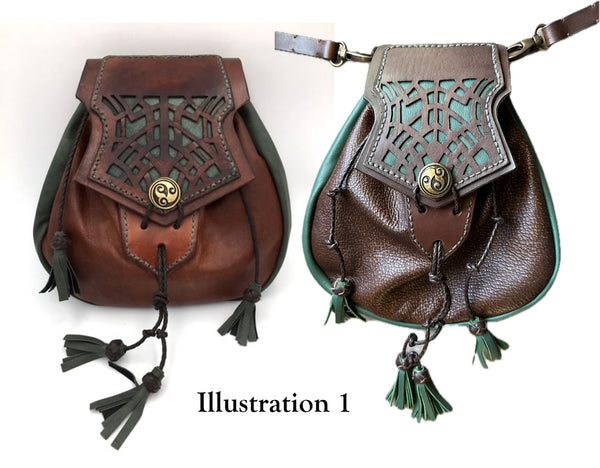 Sporran, Rob Roy Style, with Cut work Celtic Knot Pattern. Brown & Lovat Green