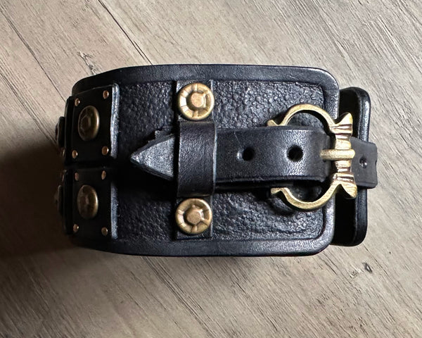 "The Outrider" Black Studded Leather Wrist Band/Cuff