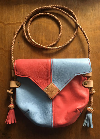 Skye blue & Peach Harlequin Event/Walking Leather Crossbody Bag, Medium w/Firefly
