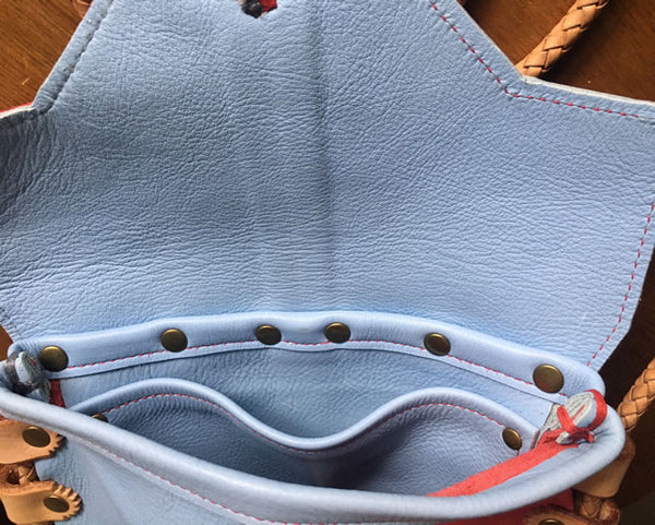 Skye blue & Peach Harlequin Event/Walking Leather Crossbody Bag, Medium w/Firefly