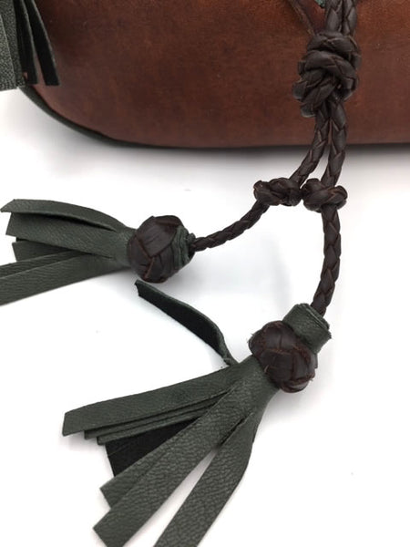 Sporran, Rob Roy Style, with Cut work Celtic Knot Pattern. Brown & Lovat Green