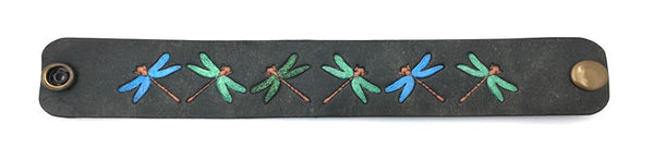 Dragon Fly Hand Painted Black Leather Wrist Band/Cuff