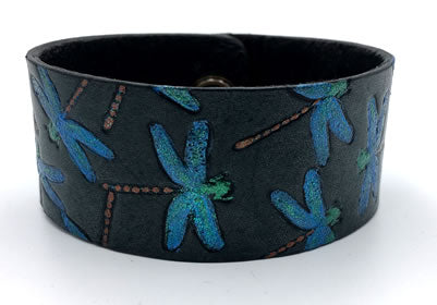 Blue Dragon Fly Flock Hand Painted Black Leather Wrist Band/Cuff