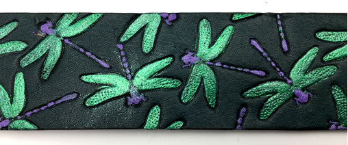Green Dragon Fly Flock Hand Painted Black Leather Wrist Band/Cuff