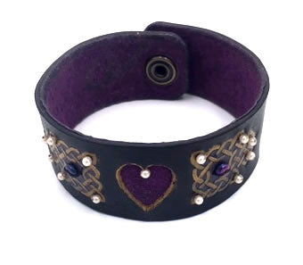 Celtic Black & Purple Heart Leather Wrist Band/Cuff
