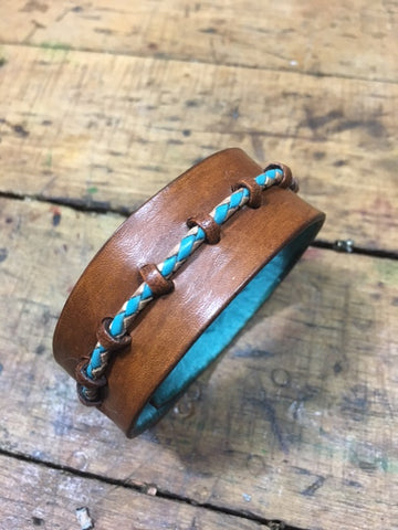 Harlequin Turquoise & Tan Leather Cuff/Wristband
