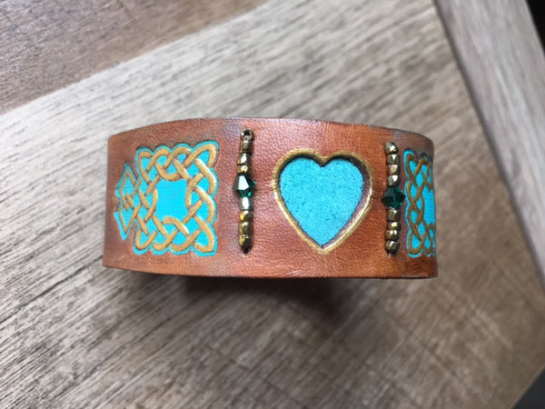Celtic Turquoise Heart Leather Wrist Band/Cuff #3, with Beads