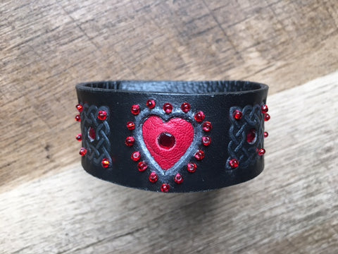 Celtic Black & Red Heart Leather Wrist Band/Cuff #3, with Beads