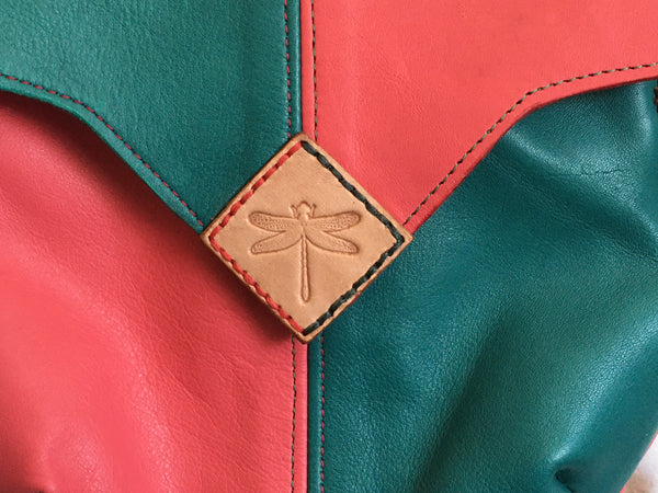 Turquoise & Peach Harlequin Event/Walking Leather Crossbody Bag, Medium