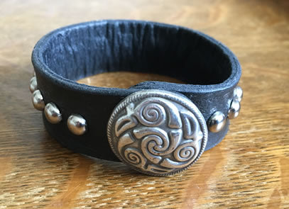 Pictish Black Studded Leather Wrist Band/Cuff with Celtic