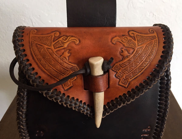 Smaller Viking/Dwarven Belt Bag Sporran, Huginn & Muginn Tooled Flap