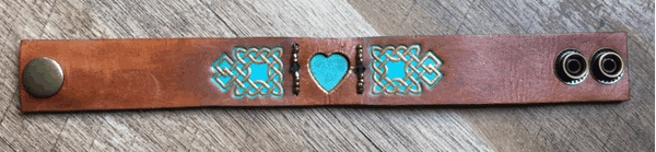 Celtic Turquoise Heart Leather Wrist Band/Cuff #3, with Beads