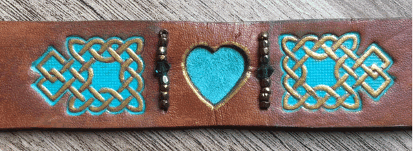 Celtic Turquoise Heart Leather Wrist Band/Cuff #3, with Beads