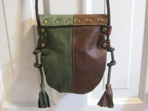Handmade Brown & Green #1 Harlequin Event/Walking Leather Crossbody Bag