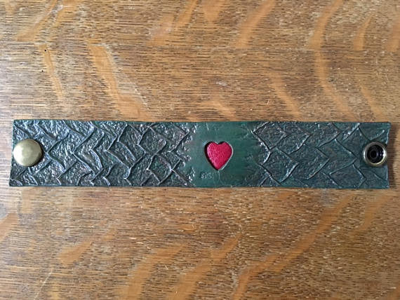 Green Dragon Heart Wristband, Leather Wristband